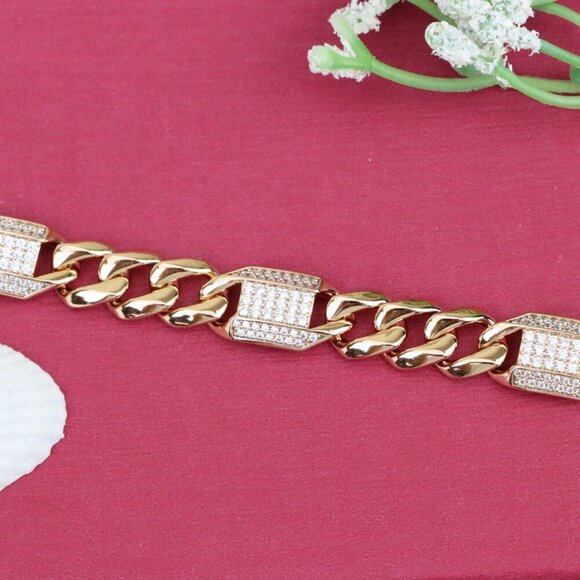 "Bold Rose Gold Curb Chain Bracelet with Sparkling Accent Panels, XPBL0941 - Picture 10 of 13